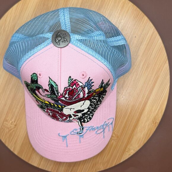 Ed Hardy Rhinestone Cobra Trucker Hat Pink & Sky